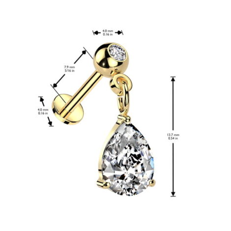 Pear CZ Dangle on CZ Gem Ball Top Threadless Push In Pin Labret - Image 4