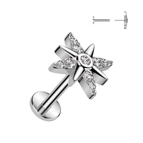 CZ Starburst Threadless Push In Top Labret Cartilage, Flat Back Stud - Image 2