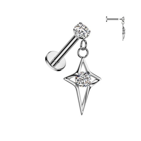 Prong CZ Top With CZ Center Hollow Star Dangle Threaded Labret - Image 3