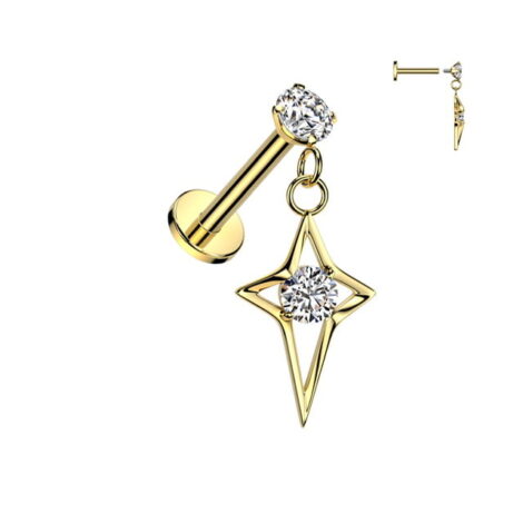 Prong CZ Top With CZ Center Hollow Star Dangle Threaded Labret - Image 2