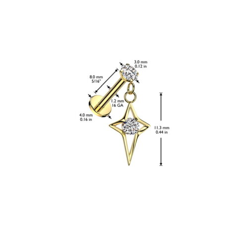 Prong CZ Top With CZ Center Hollow Star Dangle Threaded Labret - Image 4