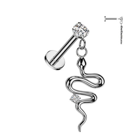 Prong Set Round CZ Top With Snake Dangle Internal Thread Labret - Image 3