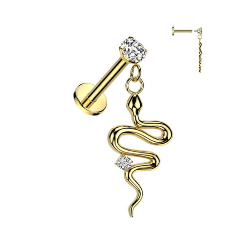 Prong Set Round CZ Top With Snake Dangle Internal Thread Labret - Image 2