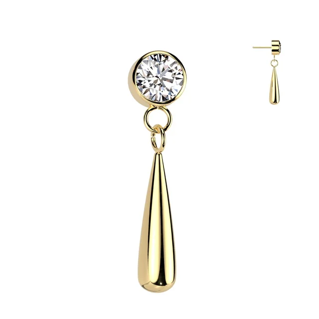 Implant Grade Titanium Threadless Push In Bezel Set CZ Top With Teardrop Dangle