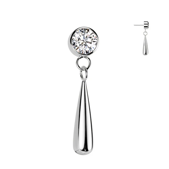 Implant Grade Titanium Threadless Push In Bezel Set CZ Top With Teardrop Dangle