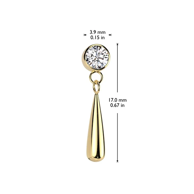 Implant Grade Titanium Threadless Push In Bezel Set CZ Top With Teardrop Dangle
