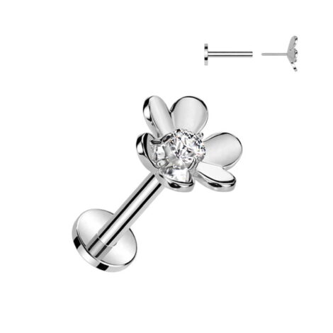 CZ Center Flower Threadless Push In Top Cartilage Labret - Image 2