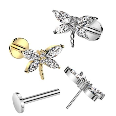 CZ Dragonfly Top Threadless Push In Pin Cartilage Labret