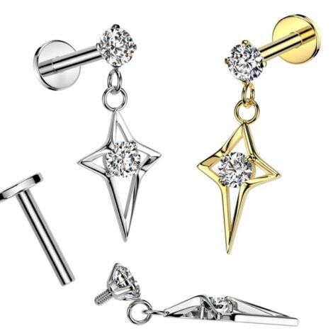 Prong CZ Top With CZ Center Hollow Star Dangle Threaded Labret