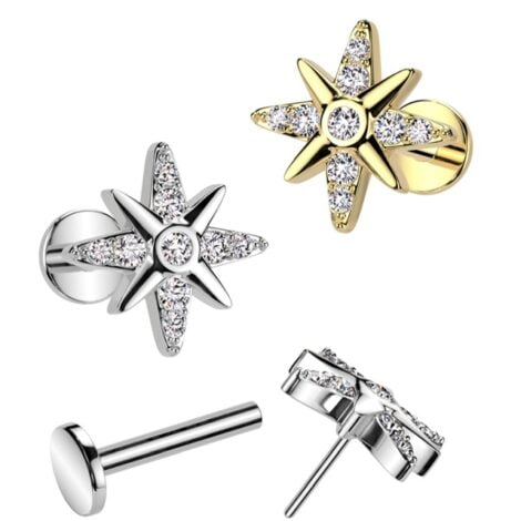 CZ Starburst Threadless Push In Top Labret Cartilage, Flat Back Stud
