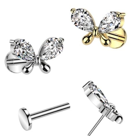 Pear CZ Butterfly Threadless Push In Top Labret Cartilage Stud