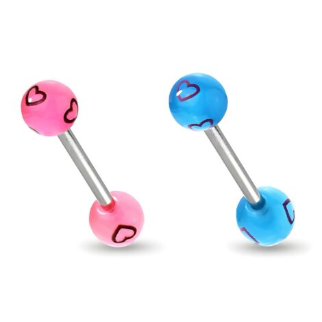 Heart Print Acrylic Balls Tongue Nipple Barbell