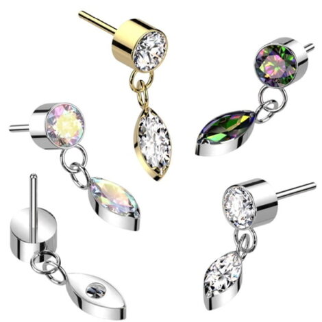 Implant Grade Titanium Threadless Push In Bezel Set CZ With Marquise CZ Dangle Top - Image 6