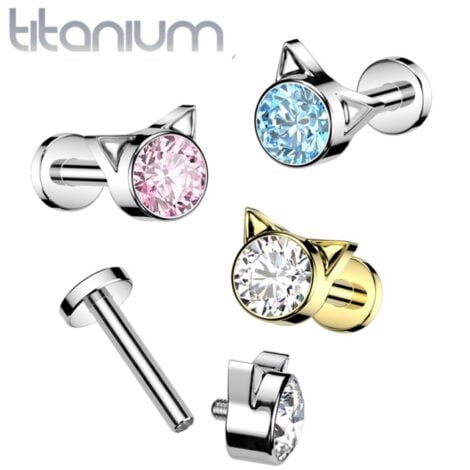 Implant Grade Titanium Kitty Labret w/ Bezal Set CZ Top Internally Threaded