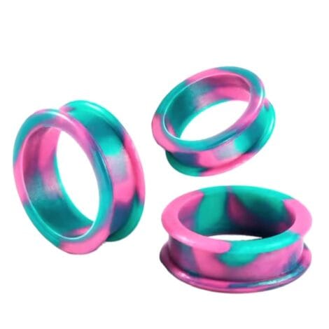 Silicone Flat Double Flared Tunnel Pairs with Green and Pink Marbling