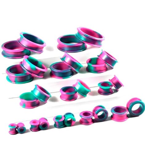 Silicone Flat Double Flared Tunnel Pairs with Green and Pink Marbling - Image 6