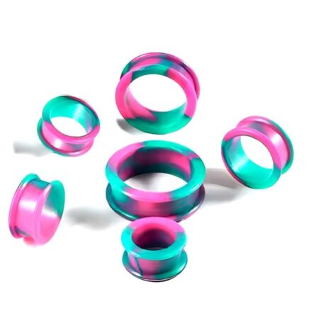 Silicone Flat Double Flared Tunnel Pairs with Green and Pink Marbling - Image 3