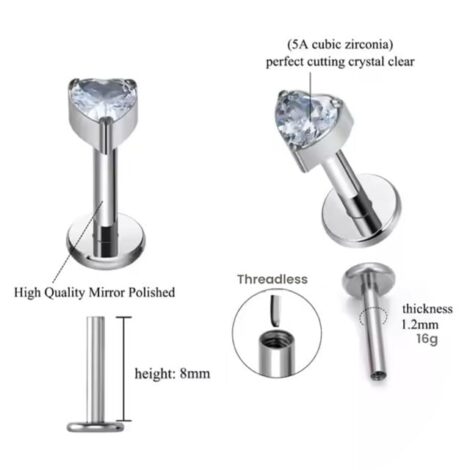 Implant Grade Titanium Threadless Push In CZ Heart Top Labret - Image 5
