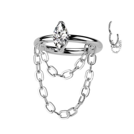 Implant Grade Titanium Hinged Segment Ring With Outward Facing Marquise CZ and Double Chain Dangle - Image 3