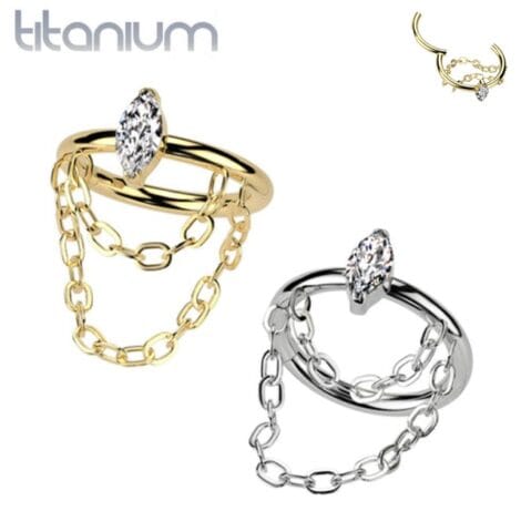 Implant Grade Titanium Hinged Segment Ring With Outward Facing Marquise CZ and Double Chain Dangle