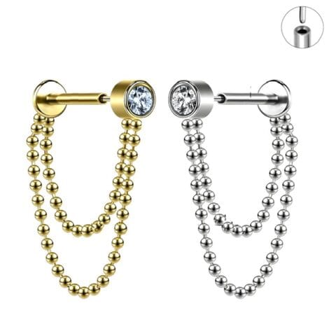 Double Ball Chain Labret with Threadless Push In Pin CZ Top