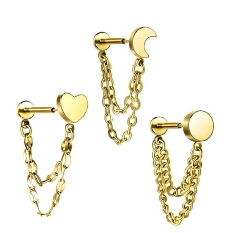 Double Chain Labrets with Threadless Push Pin Moon, Heart or Round Tops - Image 2