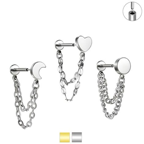 Double Chain Labrets with Threadless Push Pin Moon, Heart or Round Tops