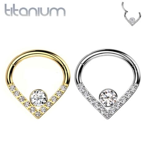 Implant Grade Titanium Hinged Teardrop Segment Ring with Single CZ Line and CZ Center