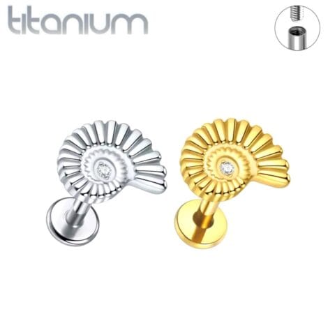 Titanium Nautilus Shell Top Labret set with CZ Internally Threaded