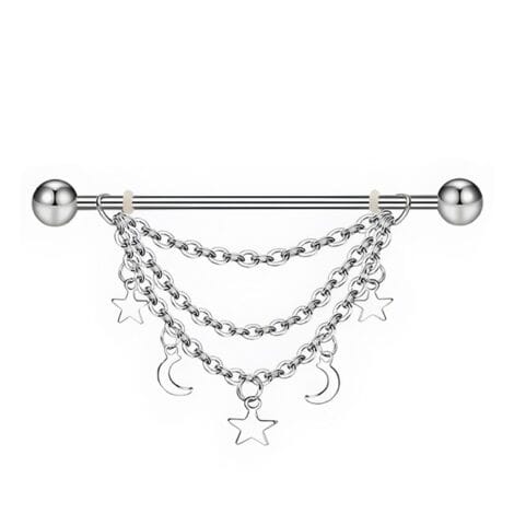 Celestial Triple Chain Industrial Barbell with Moon and Star/ O-Rings