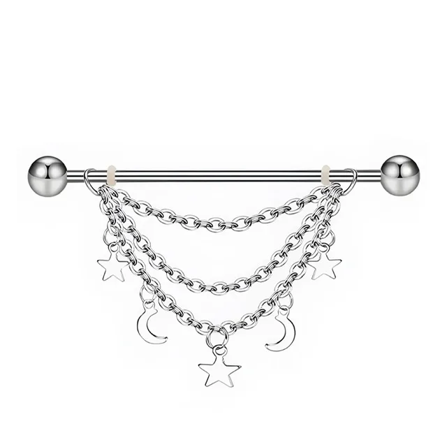 Celestial Triple Chain Industrial Barbell with Moon and Star/ O-Rings