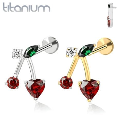 Titanium Cherry Top Labret with Red and Green Zircon Internally Threaded