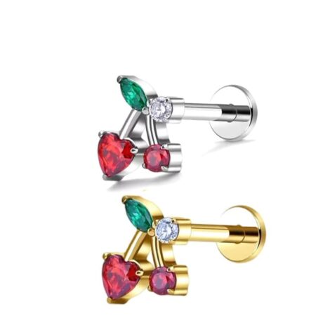 Titanium Cherry Top Labret with Red and Green Zircon Internally Threaded - Image 3