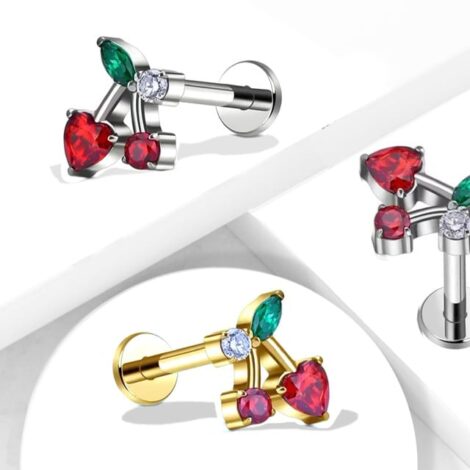 Titanium Cherry Top Labret with Red and Green Zircon Internally Threaded - Image 2