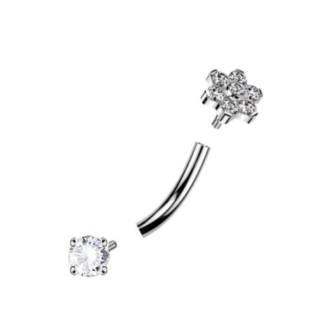 316L Surgical Steel Curved Barbell with Flower and Prong CZ Ends - Image 2