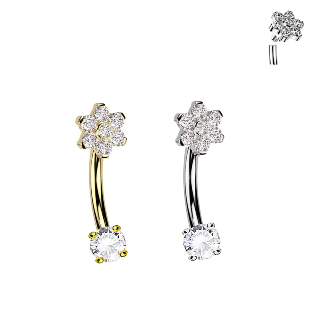 316L Surgical Steel Curved Barbell with Flower and Prong CZ Ends