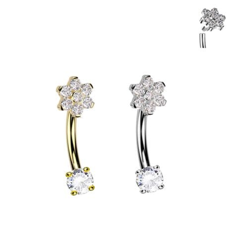 316L Surgical Steel Curved Barbell with Flower and Prong CZ Ends