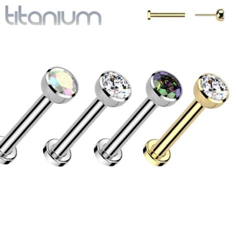 Implant Grade Titanium Threadless Push in Labret With Bezel Set CZ Ball Top