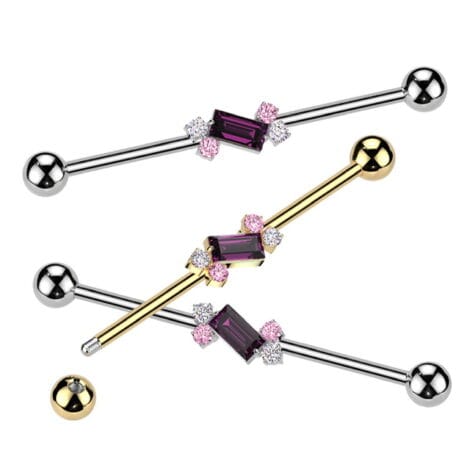 316L Surgical Steel Round and Baguette CZ Center Industrial Barbell