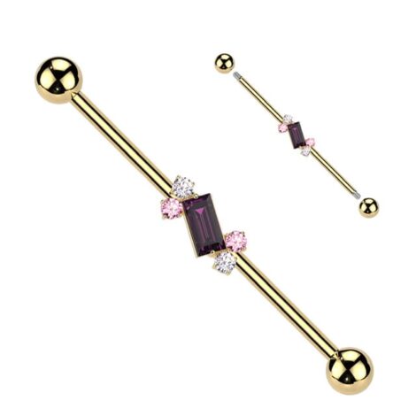 316L Surgical Steel Round and Baguette CZ Center Industrial Barbell - Image 3