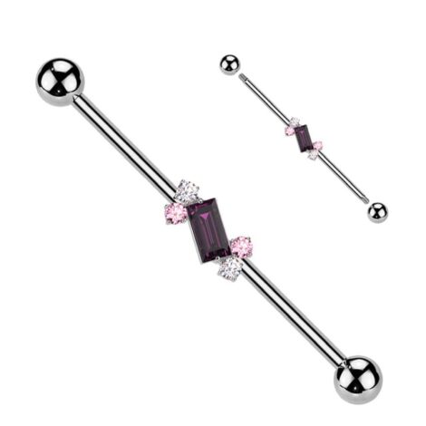 316L Surgical Steel Round and Baguette CZ Center Industrial Barbell - Image 2