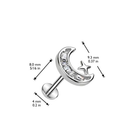 CZ Crescent Moon Threadless Push In Top Labret, Flat Back Stud - Image 5