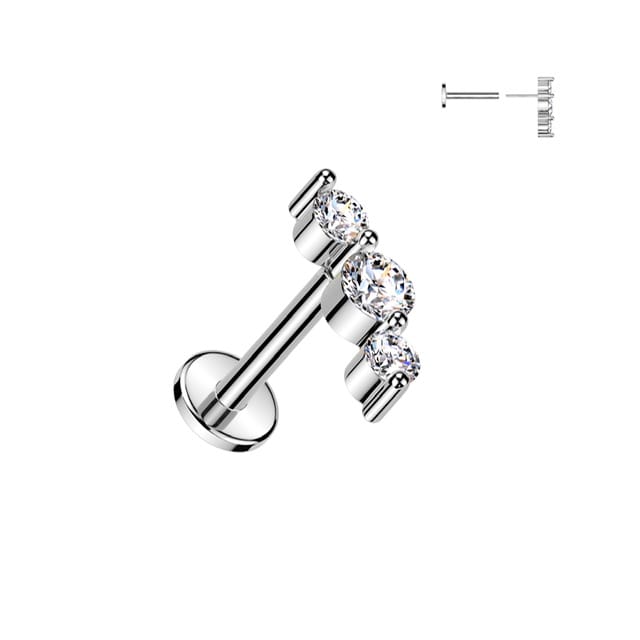 Triple CZ Threadless Push In Top Labret Flat Back Stud