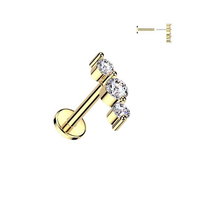 Triple CZ Threadless Push In Top Labret Flat Back Stud