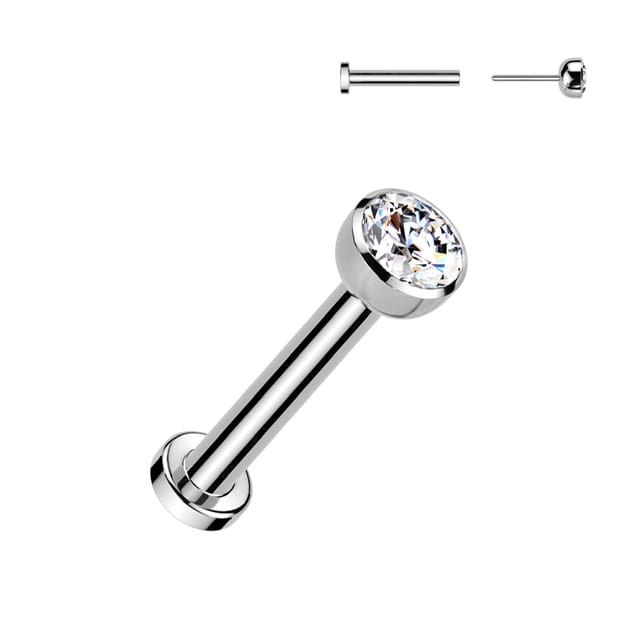Implant Grade Titanium Threadless Push in Labret With Bezel Set CZ Ball Top