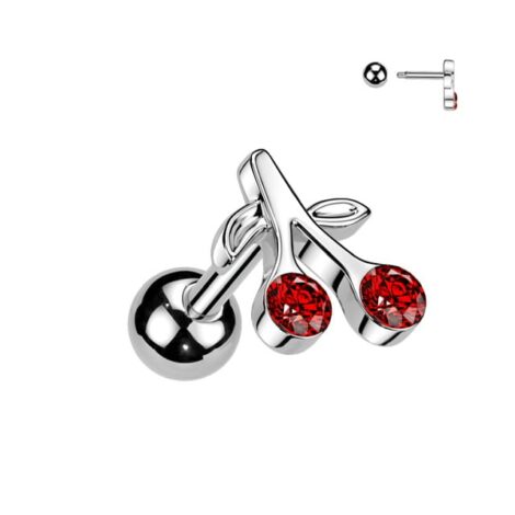 Cherry with Red CZ Tragus Cartilage Lobe Piercing Barbell - Image 2
