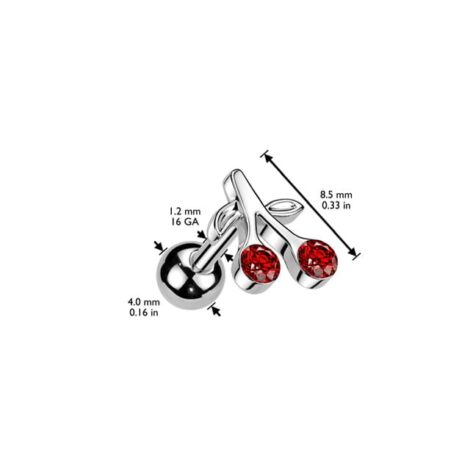 Cherry with Red CZ Tragus Cartilage Lobe Piercing Barbell - Image 3
