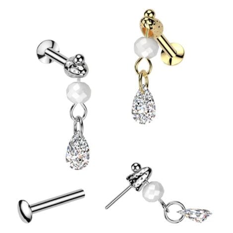 CZ Teardrop and Bead Bullet Top Threadless Push In Labret Stud