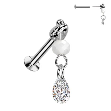 CZ Teardrop and Bead Bullet Top Threadless Push In Labret Stud - Image 2