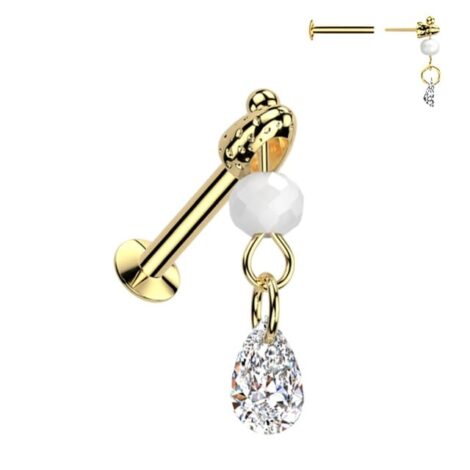 CZ Teardrop and Bead Bullet Top Threadless Push In Labret Stud - Image 4